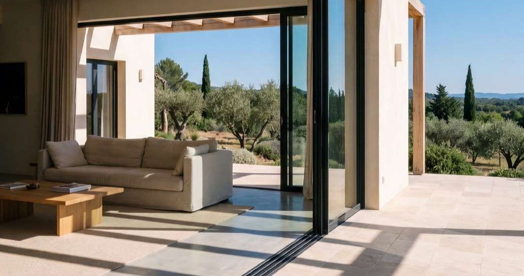 Salon ouvert sur la terrasse par une baie coulissante aluminium