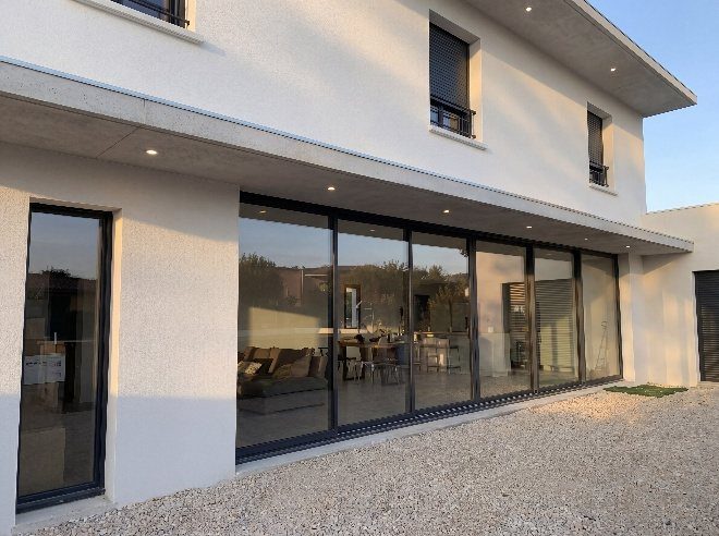 Villa contemporaine avec baie coulissante aluminium de plus de 7 mètres