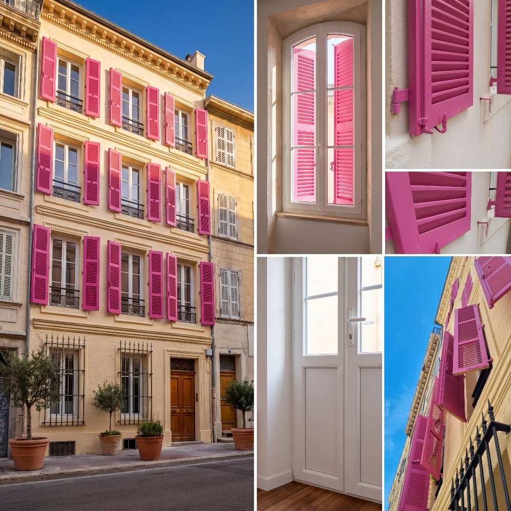 Façade d'immeuble ancien à Marseille avec volets bois roses
